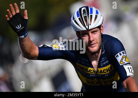 Der belgische Daan Soete feiert, dass er die Ziellinie überquert und beim Trek CX Cup Cyclocross am Freitag, den 08. Oktober 2021 in Waterloo, Wisconsin, USA, das Elite-Rennen der Männer gewinnt. BELGA FOTO DAVID STOCKMAN Stockfoto