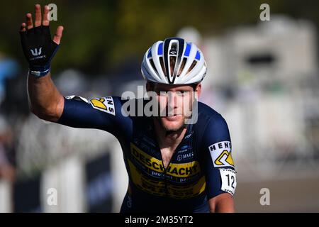 Der belgische Daan Soete feiert, dass er die Ziellinie überquert und beim Trek CX Cup Cyclocross am Freitag, den 08. Oktober 2021 in Waterloo, Wisconsin, USA, das Elite-Rennen der Männer gewinnt. BELGA FOTO DAVID STOCKMAN Stockfoto