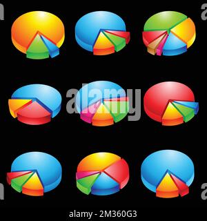 Farbenfrohe 3D-Tortendiagramme, isoliert auf schwarzem Hintergrund Stock Vektor