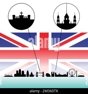 Silhouetten der Londoner Wahrzeichen mit extremen Details über der Union Jack Flag Stock Vektor