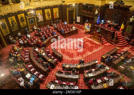 Abbildung zeigt die Eröffnung des Porträts der ehemaligen Senatsvorsitzenden Sabine de Bethune (CD&V-2011-2014) im Bundesparlament am Montag, den 11. Oktober 2021 in Brüssel. BELGA FOTO HATIM KAGHAT Stockfoto