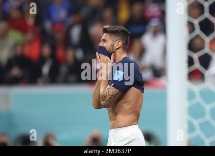 Al-Khor, Katar. 14.. Dezember 2022. Olivier Giroud aus Frankreich reagiert während des Halbfinalspiels zwischen Frankreich und Marokko der FIFA-Weltmeisterschaft 2022 im Al Bayt Stadium in Al Khor, Katar, 14. Dezember 2022. Kredit: Li Ming/Xinhua/Alamy Live News Stockfoto