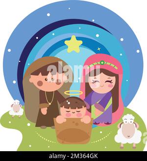 Colored stable with jesus, mary and joseph cartoons Vector Stock Vector