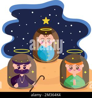 Colored cartoons of Mary, Joseph and jesus stable manger Vector Stock Vector