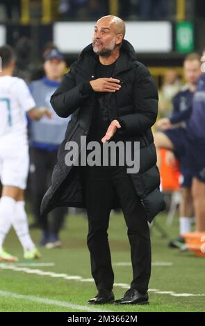 Der Cheftrainer Pep Guardiola von Manchester City reagiert auf ein Spiel zwischen dem belgischen Fußballteam Club Brügge und dem englischen Verein Manchester City am Dienstag, den 19. Oktober 2021, in Brügge, Belgien, der dritten (von sechs) in der Gruppe A der UEFA Champions League-Gruppenbühne. BELGA PHOTO VIRGINIE LEFOUR Stockfoto