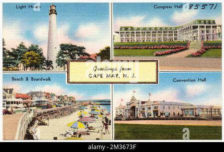 Grüße von Cape May, N. J. -- Leuchtturm, Kongresshalle, Strand und Promenade, Kongresshalle, Leuchttürme, Hotels, kommerzielle Einrichtungen, Strände, Promenade, Tichnor Brothers Collection, Postkarten der Vereinigten Staaten Stockfoto