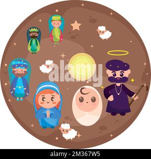 Colored stable with cute cartoons Manger jesus birth Vector Stock Vector