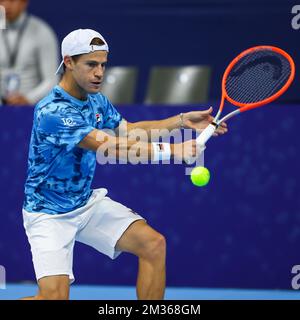 Argentinien Diego Schwartzman in Aktion während eines Einzelspiels zwischen British Murray und Argentinian Schwartzman, im Finale 1/8 des European Open Tennis ATP Turniers, in Antwerpen, Donnerstag, den 21. Oktober 2021. BELGA FOTO DAVID PINTENS Stockfoto