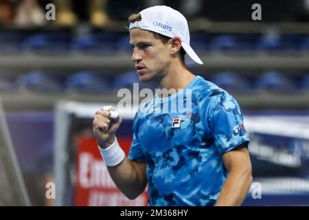 Diego Schwartzman aus Argentinien, das während eines Einzelspiels zwischen British Murray und Argentinian Schwartzman im Finale 1/8 des European Open Tennis ATP-Turniers am Donnerstag, den 21. Oktober 2021 in Antwerpen gezeigt wurde. BELGA FOTO DAVID PINTENS Stockfoto