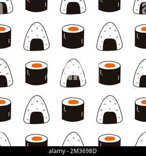 Nahtloses Muster mit Sushi. Handgezeichneter Vektorhintergrund mit traditioneller japanischer Küche. Stock Vektor