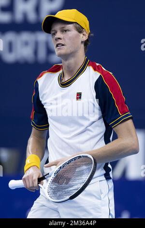 Italienischer Jannik-Sänger bei einem Einzelspiel zwischen italienischem Sünder und südafrikanischem Harris, im Halbfinale des European Open Tennis ATP-Turniers, in Antwerpen, Samstag, den 23. Oktober 2021. BELGA FOTO KRISTOF VAN ACCOM Stockfoto