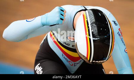 Die belgische Lotte Kopecky feiert nach dem Sieg des Women's Points Race bei der UCI-Leichtathletik-Weltmeisterschaft am Sonntag, den 24. Oktober 2021 in Roubaix, Frankreich. Die Weltmeisterschaften finden vom 20. Bis 24. Oktober 2021 statt. BELGA FOTO BENOIT DOPPPAGNE Stockfoto