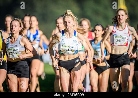 Das Abbildungsbild zeigt den Beginn des Frauenrennen bei der Sportveranstaltung „CrossCup Relays Berlare“, der ersten Etappe des CrossCup-Wettbewerbs, Sonntag, den 24. Oktober 2021 in Berlare. BELGA FOTO FILIP LANSZWEERT Stockfoto