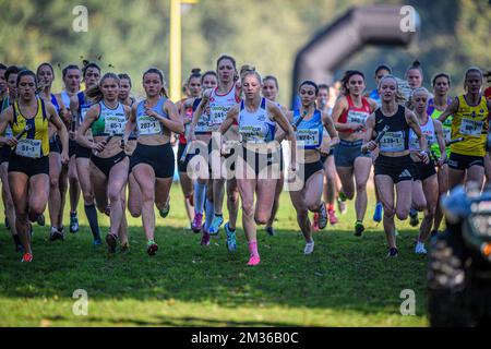 Das Abbildungsbild zeigt den Beginn des Frauenrennen bei der Sportveranstaltung „CrossCup Relays Berlare“, der ersten Etappe des CrossCup-Wettbewerbs, Sonntag, den 24. Oktober 2021 in Berlare. BELGA FOTO FILIP LANSZWEERT Stockfoto