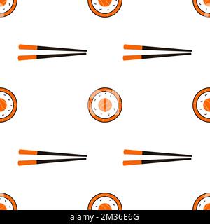 Seamless pattern with sushi and chopsticks. Hand drawn vector background with traditional Japanese cuisine. Stock Vektor
