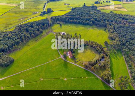 Aerial view, wild horse catching track at the wild horse track in the Merfelder Bruch in the district of Merfeld in Dülmen, Münsterland, North Rhine-W Stock Photo