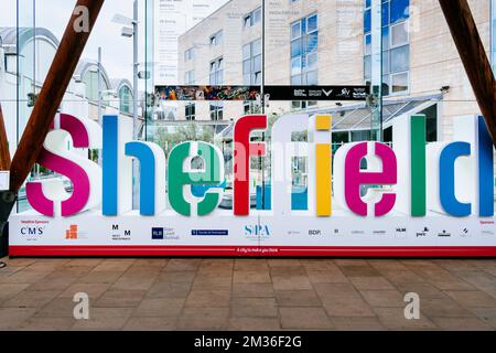 Three-dimensional mural with the name of the city. Sheffield Winter Garden is one of the largest temperate glasshouses to be built in the UK and the l Stock Photo