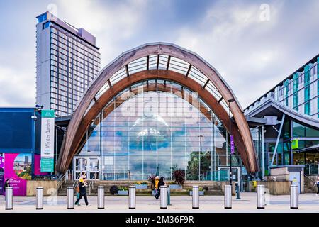 Fassade. Sheffield Winter Garden ist eines der größten Gewächshäuser mit gemäßigten Temperaturen, die in den letzten hundert Jahren in Großbritannien gebaut wurden, und das größte städtische Gebäude Stockfoto