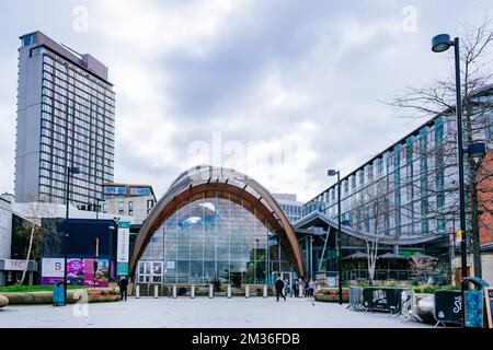 Fassade. Sheffield Winter Garden ist eines der größten Gewächshäuser mit gemäßigten Temperaturen, die in den letzten hundert Jahren in Großbritannien gebaut wurden, und das größte städtische Gebäude Stockfoto