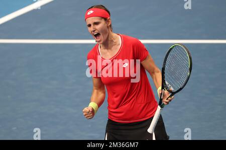 Der belgische Greet Minnen feiert am ersten Tag der Gruppenphase der Finale des Billie Jean King Cup, Montag, den 01. November 2021 in Prag, Tschechische Republik, das erste Spiel zwischen Belgien und Belarus in Gruppe B. Der Billie Jean King Cup ersetzt den Fed Cup-Wettbewerb und wird von der ITF International Tennis Federation organisiert. BELGA PHOTO VIRGINIE LEFOUR Stockfoto