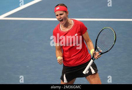 Der belgische Greet Minnen feiert am ersten Tag der Gruppenphase der Finale des Billie Jean King Cup, Montag, den 01. November 2021 in Prag, Tschechische Republik, das erste Spiel zwischen Belgien und Belarus in Gruppe B. Der Billie Jean King Cup ersetzt den Fed Cup-Wettbewerb und wird von der ITF International Tennis Federation organisiert. BELGA PHOTO VIRGINIE LEFOUR Stockfoto