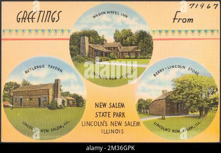 Grüße von New Salem State Park, Lincoln's New Salem Illinois , historische Stätten, kommerzielle Einrichtungen, Hotels, Tichnor Brothers Collection, Postkarten der Vereinigten Staaten Stockfoto