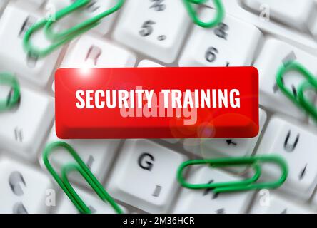 Textunterschrift zur Präsentation der Sicherheitsschulung. Konzeptionelles Foto mit Schulungen zum Sicherheitsbewusstsein für Endbenutzer Stockfoto