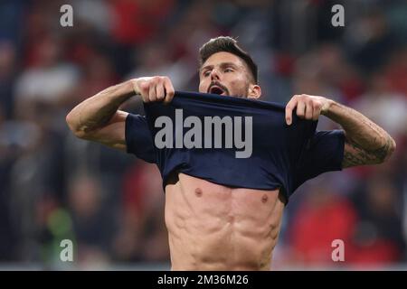 Al-Khor, Katar. 14.. Dezember 2022. Olivier Giroud aus Frankreich reagiert während des Halbfinalspiels zwischen Frankreich und Marokko der FIFA-Weltmeisterschaft 2022 im Al Bayt Stadium in Al Khor, Katar, 14. Dezember 2022. Kredit: Li Ming/Xinhua/Alamy Live News Stockfoto
