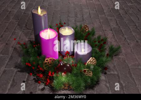 Advent. Weihnachtskranz mit vier Kerzen und Dekoration. Stockfoto