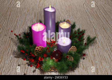 Advent. Weihnachtskranz mit vier Kerzen und Dekoration. Stockfoto