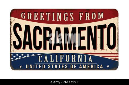Grußzeichen aus Sacramento aus rostigem Metall im Vintage-Stil auf weißem Hintergrund, Vektorzeichnung Stock Vektor