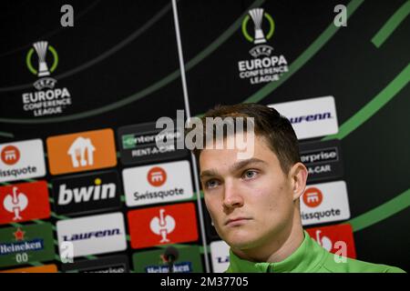 Markus Soomets von Flora, auf einer Pressekonferenz des estnischen Fußballteams FC Flora, Mittwoch, den 08. Dezember 2021 in Gent. Das Team bereitet sich auf das morgige Spiel gegen die belgische Fußballmannschaft KAA Gent vor, das am sechsten Tag (von sechs) der UEFA Conference League Gruppenbühne in Gruppe B. BELGA FOTO JASPER JACOBS stattfindet Stockfoto