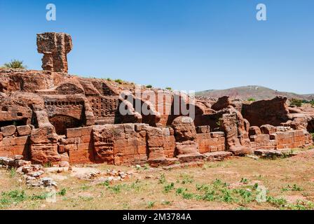 Alte Steinhäuser. Tiermes Celtiberisch-Römische Archäologische Stätte. Tiermes, Montejo de Tiermes, Soria, Castilla y León, Spanien, Europa Stockfoto