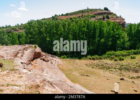 Überreste des alten Theaters mit Gesteinsbühnen. Tiermes Celtiberisch-Römische Archäologische Stätte. Tiermes, Montejo de Tiermes, Soria, Castilla y León, Sp Stockfoto