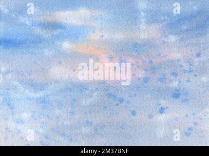 Aquarell abstrakter blauer Hintergrund mit beigen Flecken und Spritzwasser, blauer Himmel. Stockfoto