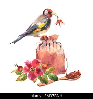 Aquarelle Illustration Leinenbeutel und Holzlöffel mit Rosehip Tee, Brier Blumen und Beeren und Goldfink Vogel, Aquarell Illustration isoliert o Stockfoto