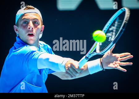 Dutch Tallon Griekspoor während eines Tennisspiels gegen den spanischen Carreno beim Grand-Slam-Turnier „Australian Open“, Mittwoch, den 19. Januar 2022 in Melbourne, Australien. Die 2022. Ausgabe des Australian Grand Slam findet vom 17.. Januar bis 30.. Januar statt. BELGA FOTO PATRICK HAMILTON Stockfoto