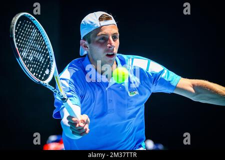 Dutch Tallon Griekspoor während eines Tennisspiels gegen den spanischen Carreno beim Grand-Slam-Turnier „Australian Open“, Mittwoch, den 19. Januar 2022 in Melbourne, Australien. Die 2022. Ausgabe des Australian Grand Slam findet vom 17.. Januar bis 30.. Januar statt. BELGA FOTO PATRICK HAMILTON Stockfoto