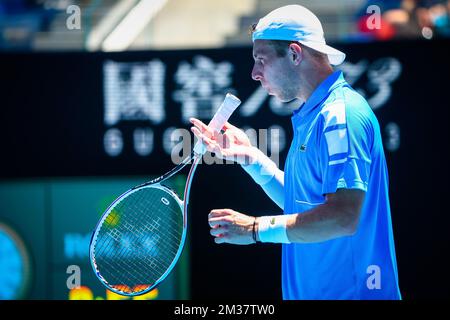 Dutch Tallon Griekspoor während eines Tennisspiels gegen den spanischen Carreno beim Grand-Slam-Turnier „Australian Open“, Mittwoch, den 19. Januar 2022 in Melbourne, Australien. Die 2022. Ausgabe des Australian Grand Slam findet vom 17.. Januar bis 30.. Januar statt. BELGA FOTO PATRICK HAMILTON Stockfoto