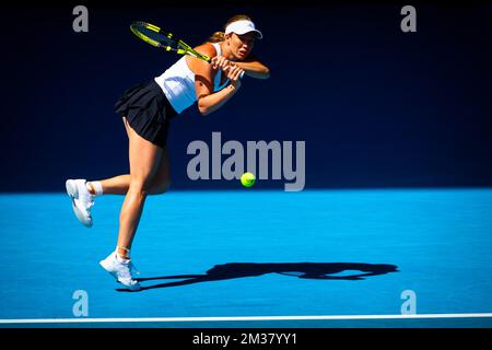 US' Danielle Collins in Aktion während einer Runde von sechzehn Spielen in den Frauengeschwistern zwischen belgischen Mertens und US' Collins beim Grand-Slam-Tennisturnier „Australian Open“, Montag, den 24. Januar 2022 in Melbourne Park, Australien. Die 2022. Ausgabe des Australian Grand Slam findet vom 17.. Januar bis 30.. Januar statt. BELGA FOTO PATRICK HAMILTON Stockfoto