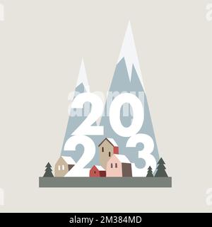 Happy New Year 2023 greeting card, invitation. Poster, web banner with colorful houses, snow and mountains. Flat design, vector illustration Stock Vektor