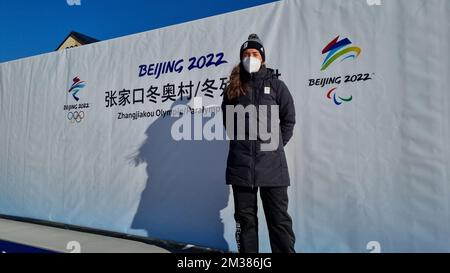 ACHTUNG REDAKTEURE - SMARTPHONE-BILD - BESTE VERFÜGBARE QUALITÄT : Belgischer Biathlet Lotte Lüge im Zhangjiakou Biathlon-Zentrum während der Olympischen Winterspiele 2022 in Peking, China, Samstag, 05. Februar 2022. Die Olympischen Winterspiele finden vom 4. Februar bis zum 20. Februar 2022 statt. BELGA FOTO BENJAMIN WERY Stockfoto