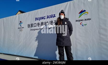 ACHTUNG REDAKTEURE - SMARTPHONE-BILD - BESTE VERFÜGBARE QUALITÄT : Belgischer Biathlet Lotte Lüge im Zhangjiakou Biathlon-Zentrum während der Olympischen Winterspiele 2022 in Peking, China, Samstag, 05. Februar 2022. Die Olympischen Winterspiele finden vom 4. Februar bis zum 20. Februar 2022 statt. BELGA FOTO BENJAMIN WERY Stockfoto