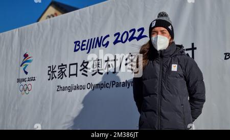 ACHTUNG REDAKTEURE - SMARTPHONE-BILD - BESTE VERFÜGBARE QUALITÄT : Belgischer Biathlet Lotte Lüge im Zhangjiakou Biathlon-Zentrum während der Olympischen Winterspiele 2022 in Peking, China, Samstag, 05. Februar 2022. Die Olympischen Winterspiele finden vom 4. Februar bis zum 20. Februar 2022 statt. BELGA FOTO BENJAMIN WERY Stockfoto