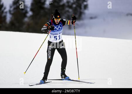 Die belgische Biathletin Lotte ist während des Biathlon-Rennens der Frauen 15km im National Biathlon Center in Zhangjiakou bei den Olympischen Winterspielen 2022 in Peking, China, am Montag, den 07. Februar 2022 in Aktion dargestellt. Die Olympischen Winterspiele finden vom 4. Februar bis zum 20. Februar 2022 statt. BELGA FOTO LAURIE DIEFFEMBACQ Stockfoto