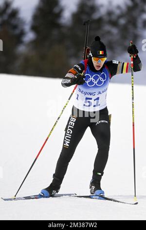 Die belgische Biathletin Lotte ist während des Biathlon-Rennens der Frauen 15km im National Biathlon Center in Zhangjiakou bei den Olympischen Winterspielen 2022 in Peking, China, am Montag, den 07. Februar 2022 in Aktion dargestellt. Die Olympischen Winterspiele finden vom 4. Februar bis zum 20. Februar 2022 statt. BELGA FOTO LAURIE DIEFFEMBACQ Stockfoto