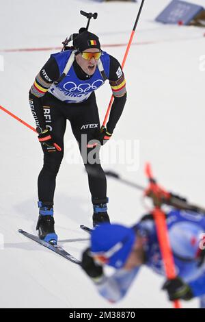 Der belgische Biathlet Thierry langer wurde während des 20 km langen Biathlon-Rennens für Männer im National Biathlon Center in Zhangjiakou bei den Olympischen Winterspielen 2022 in Peking, China, Dienstag, den 08. Februar 2022, in Aktion gezeigt. Die Olympischen Winterspiele finden vom 4. Februar bis zum 20. Februar 2022 statt. BELGA FOTO LAURIE DIEFFEMBACQ Stockfoto