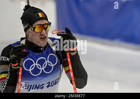 Der belgische Biathlet Thierry langer wurde während des 20 km langen Biathlon-Rennens für Männer im National Biathlon Center in Zhangjiakou bei den Olympischen Winterspielen 2022 in Peking, China, Dienstag, den 08. Februar 2022, in Aktion gezeigt. Die Olympischen Winterspiele finden vom 4. Februar bis zum 20. Februar 2022 statt. BELGA FOTO LAURIE DIEFFEMBACQ Stockfoto