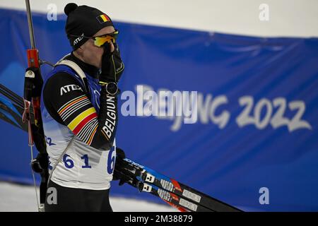 Der belgische Biathlet Thierry langer wurde während des 20 km langen Biathlon-Rennens für Männer im National Biathlon Center in Zhangjiakou bei den Olympischen Winterspielen 2022 in Peking, China, Dienstag, den 08. Februar 2022, in Aktion gezeigt. Die Olympischen Winterspiele finden vom 4. Februar bis zum 20. Februar 2022 statt. BELGA FOTO LAURIE DIEFFEMBACQ Stockfoto