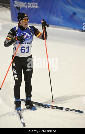 Der belgische Biathlet Thierry langer wurde während des 20 km langen Biathlon-Rennens für Männer im National Biathlon Center in Zhangjiakou bei den Olympischen Winterspielen 2022 in Peking, China, Dienstag, den 08. Februar 2022, in Aktion gezeigt. Die Olympischen Winterspiele finden vom 4. Februar bis zum 20. Februar 2022 statt. BELGA FOTO LAURIE DIEFFEMBACQ Stockfoto